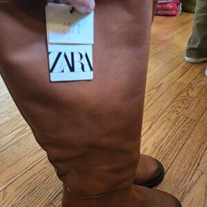 Zara tall brown flat boots no lug sole 36